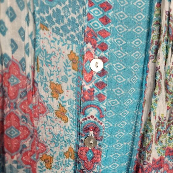 Ruby Rd boho button front roll tab sleeves mix print patchwork size small - Picture 4 of 7